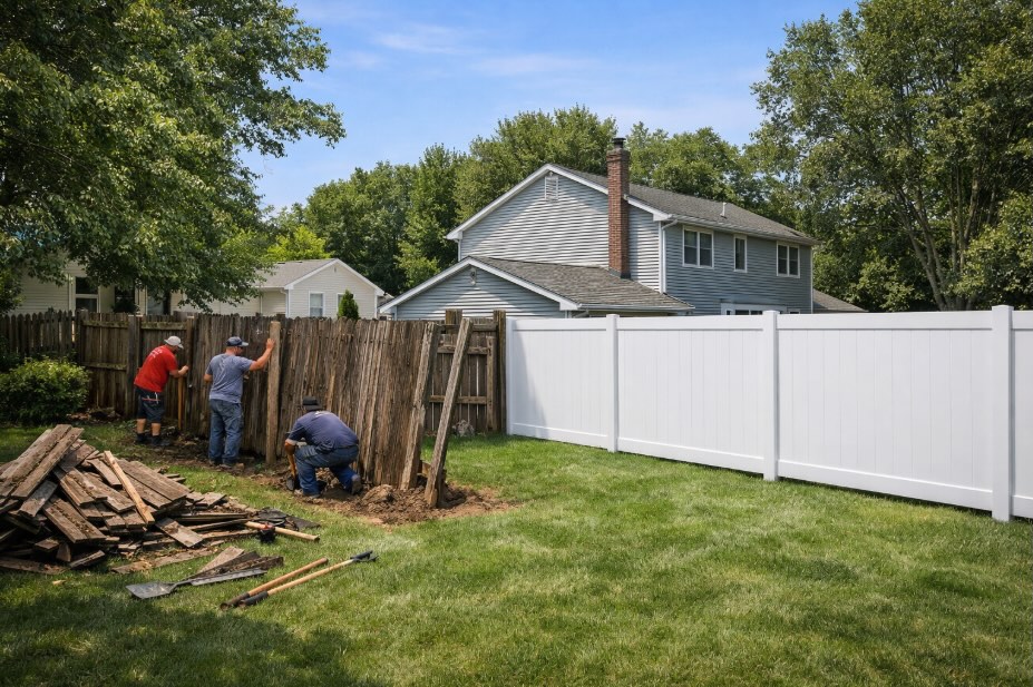 A wide-angle, landscape view of a suburban New Jersey backyard showing a clear before-and-after fence replacement: on the left, workers remove a leaning, weathered wooden fence with debris and tools on the grass, while on the right, a newly installed white vinyl privacy fence stands straight and clean. A two-story home, green lawn, and mature trees are visible in the background under natural daylight.Select 32 more words to run Humanizer.